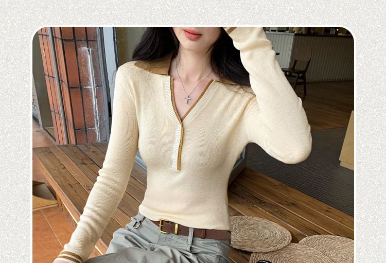 Collared Striped Button Knit Long Sleeve Top