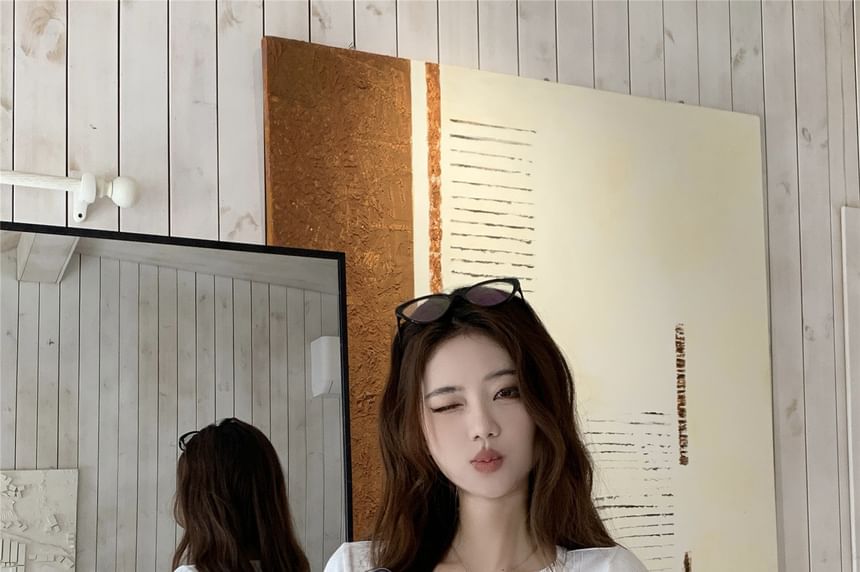 Scoop Neck Pointelle Top with Pearl Button Lace