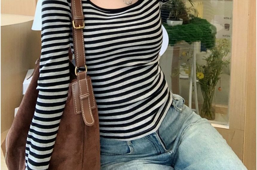Square Neck Striped Long Sleeve Top