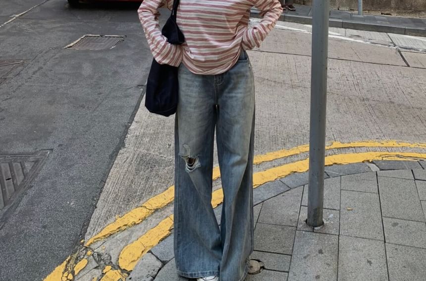 Contrast Stitch Striped One Shoulder Long Sleeve Top