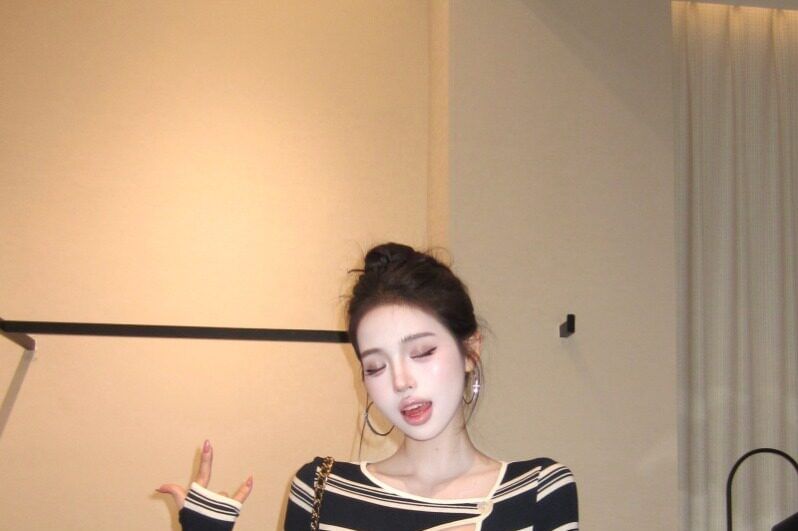 Asymmetric Neck Striped Cutout Long Sleeve Top