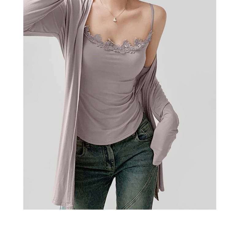 Scoop Neck Lace Trim Cami with Open Cardigan Set