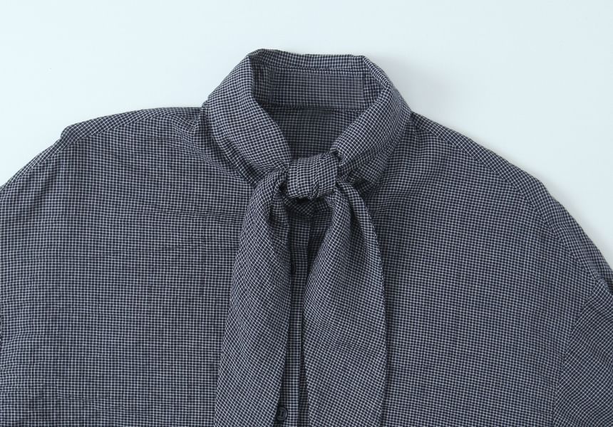 Long-Sleeve Plaid Shirt with Front Tie
