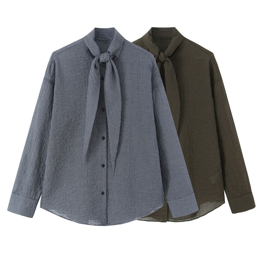 Long-Sleeve Plaid Shirt with Front Tie