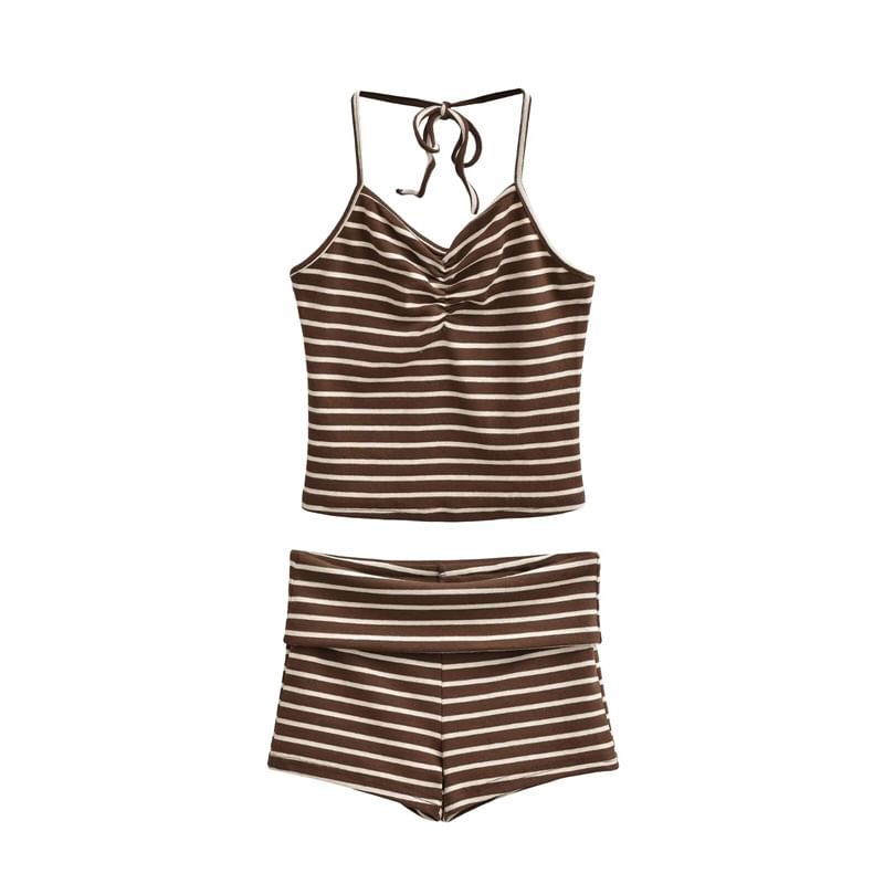 Halter Neck Striped Backless Crop Top with Low-Rise Shorts