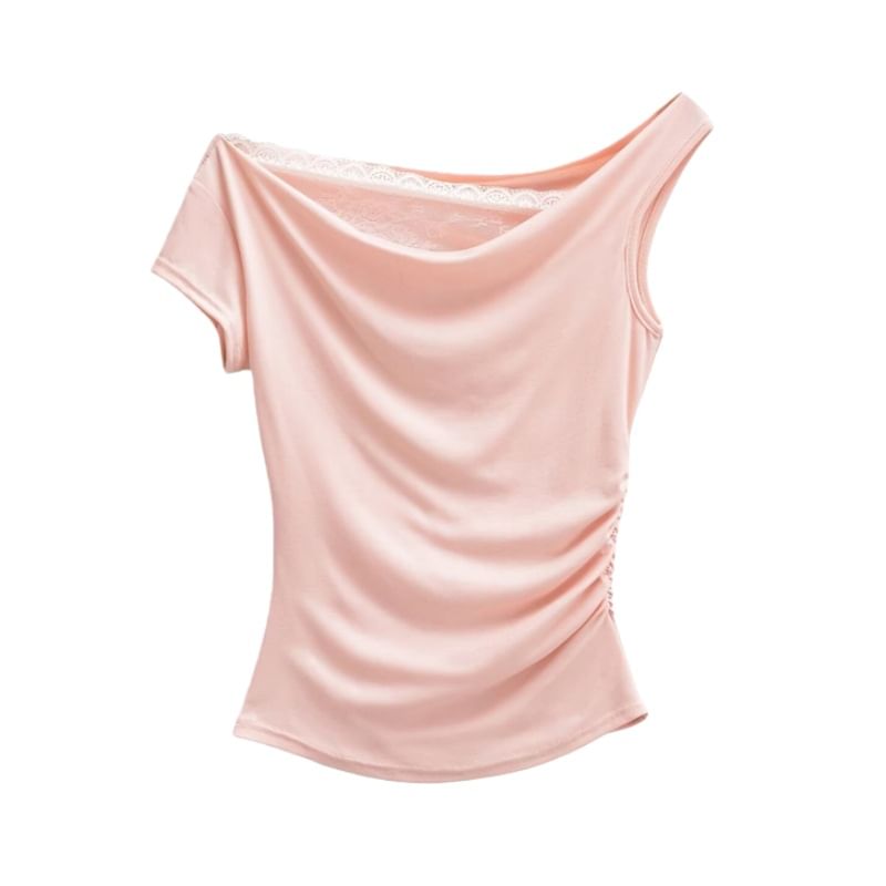 Off-Shoulder Asymmetrical Lace Crop Tee Short Sleeve