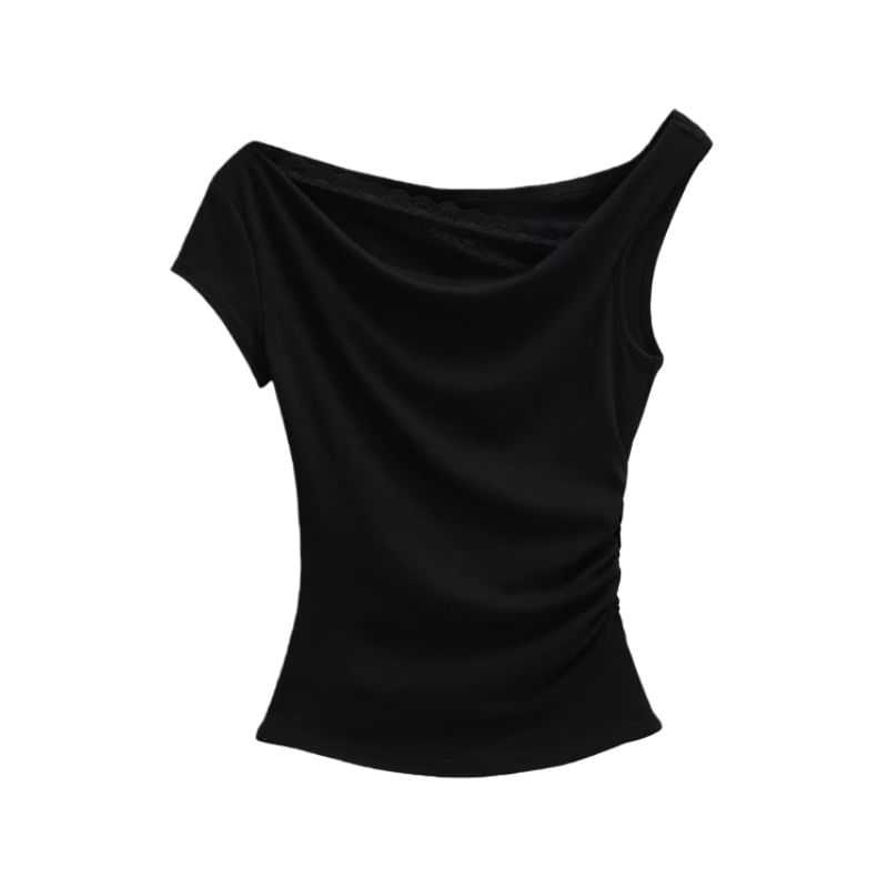 Off-Shoulder Asymmetrical Lace Crop Tee Short Sleeve
