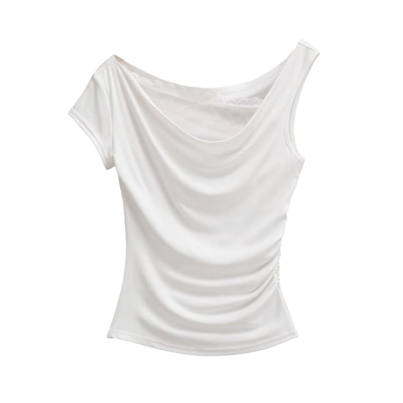 Off-Shoulder Asymmetrical Lace Crop Tee Short Sleeve
