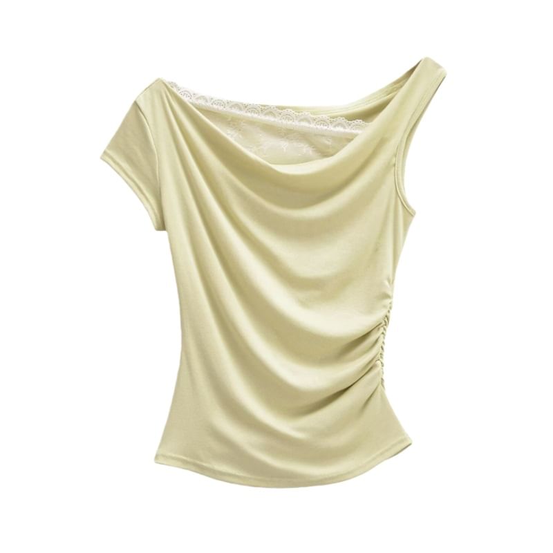 Off-Shoulder Asymmetrical Lace Crop Tee Short Sleeve