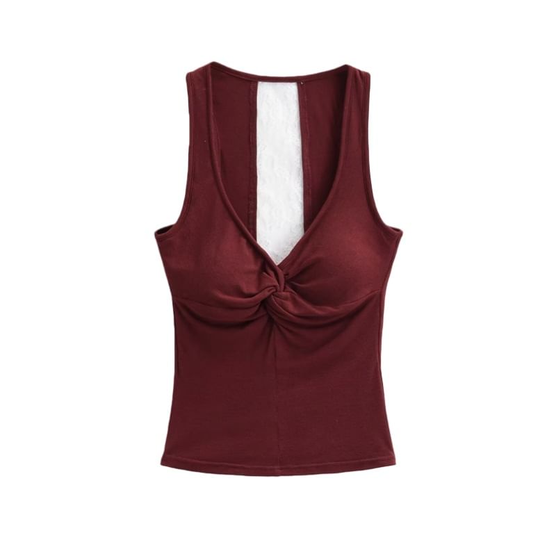 V-Neck Lace Padded Crop Tank Top Ruched