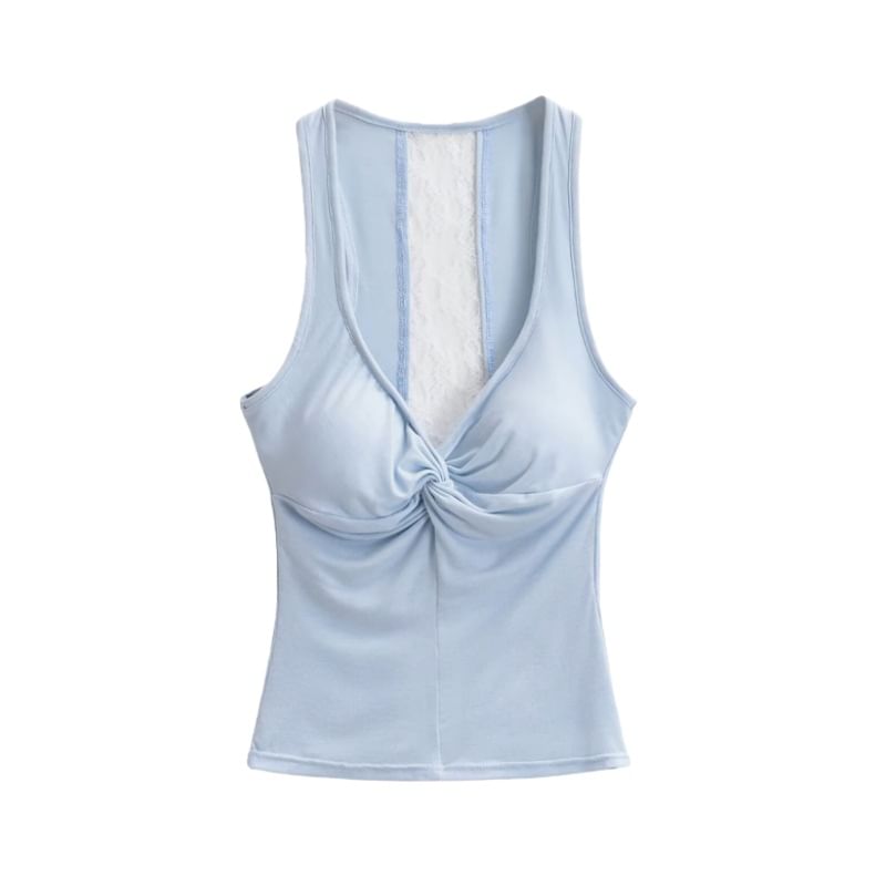 V-Neck Lace Padded Crop Tank Top Ruched