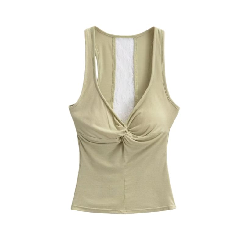 V-Neck Lace Padded Crop Tank Top Ruched