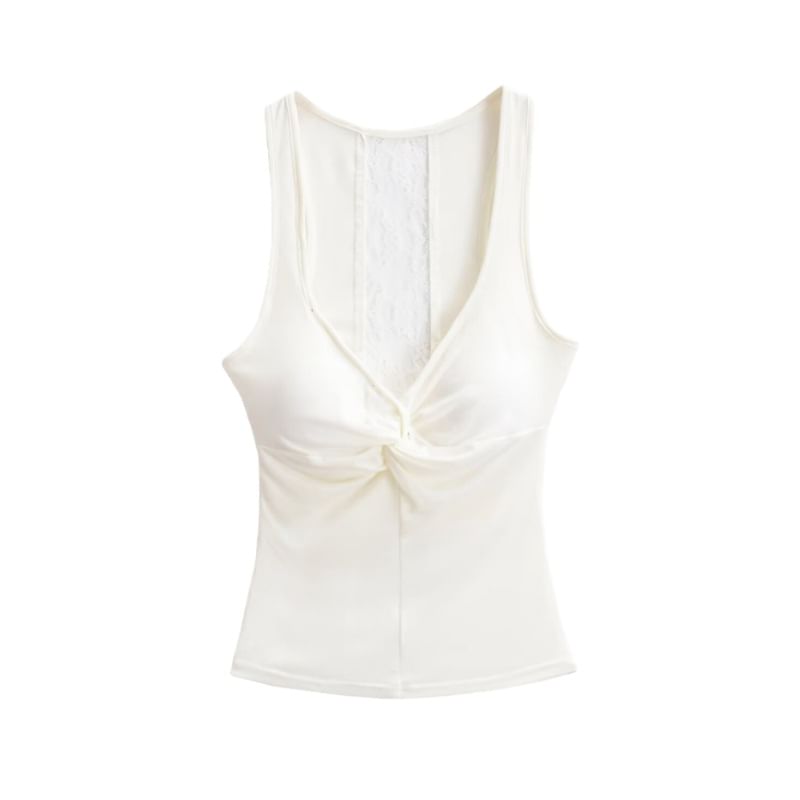 V-Neck Lace Trim Padded Crop Tank