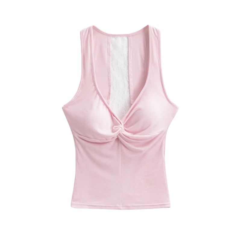 V-Neck Lace Padded Crop Tank Top Ruched