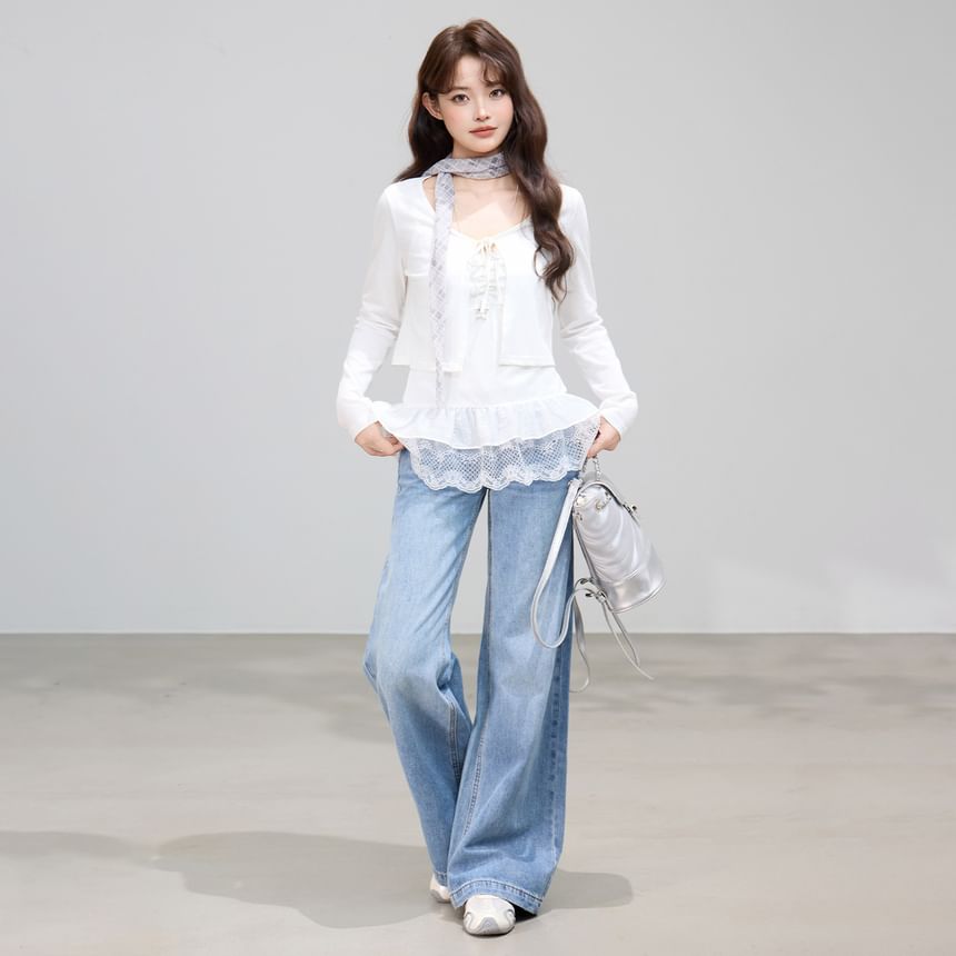 Lace Panel Ruched Camisole & Tie Front Crop Cardigan Set