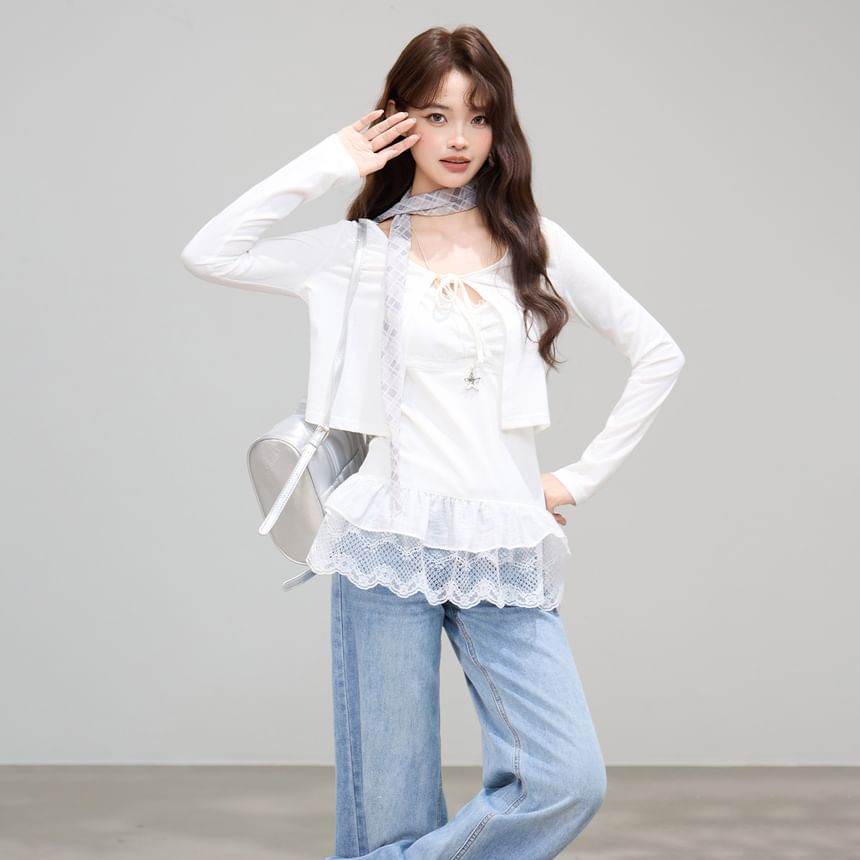 Lace Panel Ruched Camisole & Tie Front Crop Cardigan Set