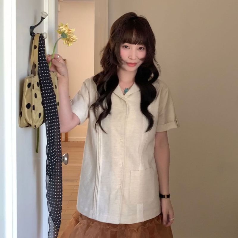 Lapel Collar Lace Pintuck Button-Up Blouse Short Sleeve