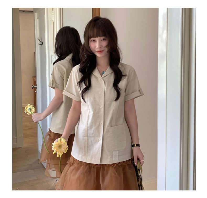 Lapel Collar Lace Pintuck Button-Up Blouse Short Sleeve