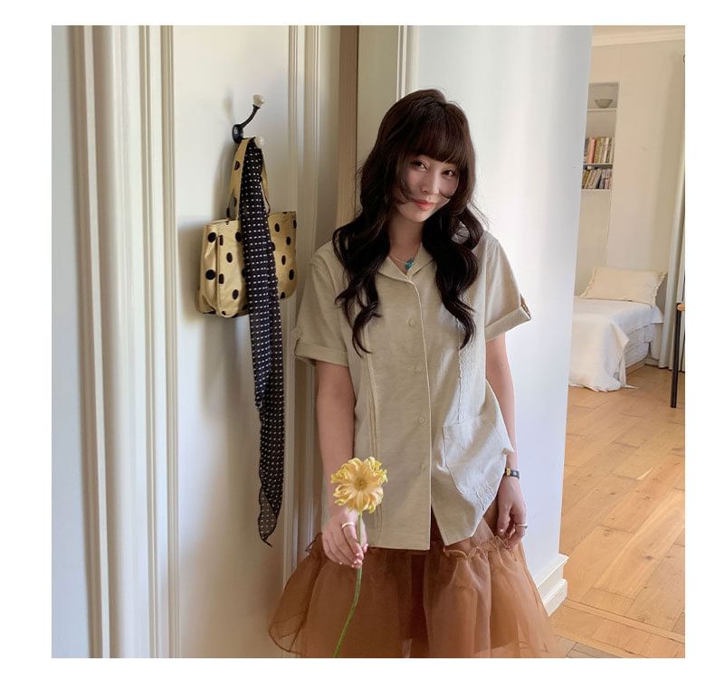 Lapel Collar Lace Pintuck Button-Up Blouse Short Sleeve