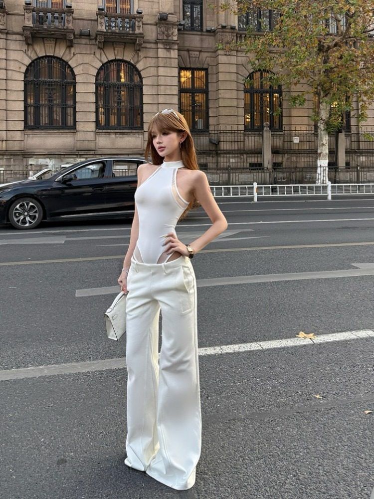 Sleeveless Mock Neck Bodysuit with Wide-Leg Pants