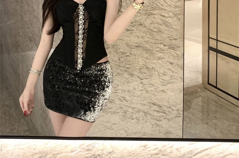 Strapless Rhinestone Crop Top with Sequin Mini Skirt