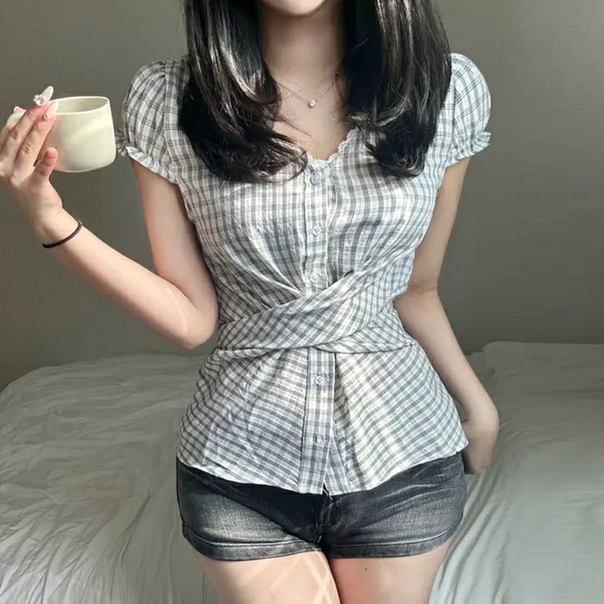 Puff-Sleeve Plaid Lace Trim Tie-Waist Blouse