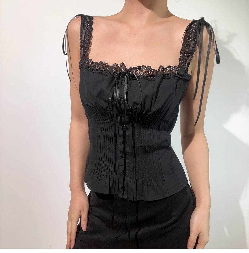 Square Neck Lace Panel Button-Up Crop Camisole Top