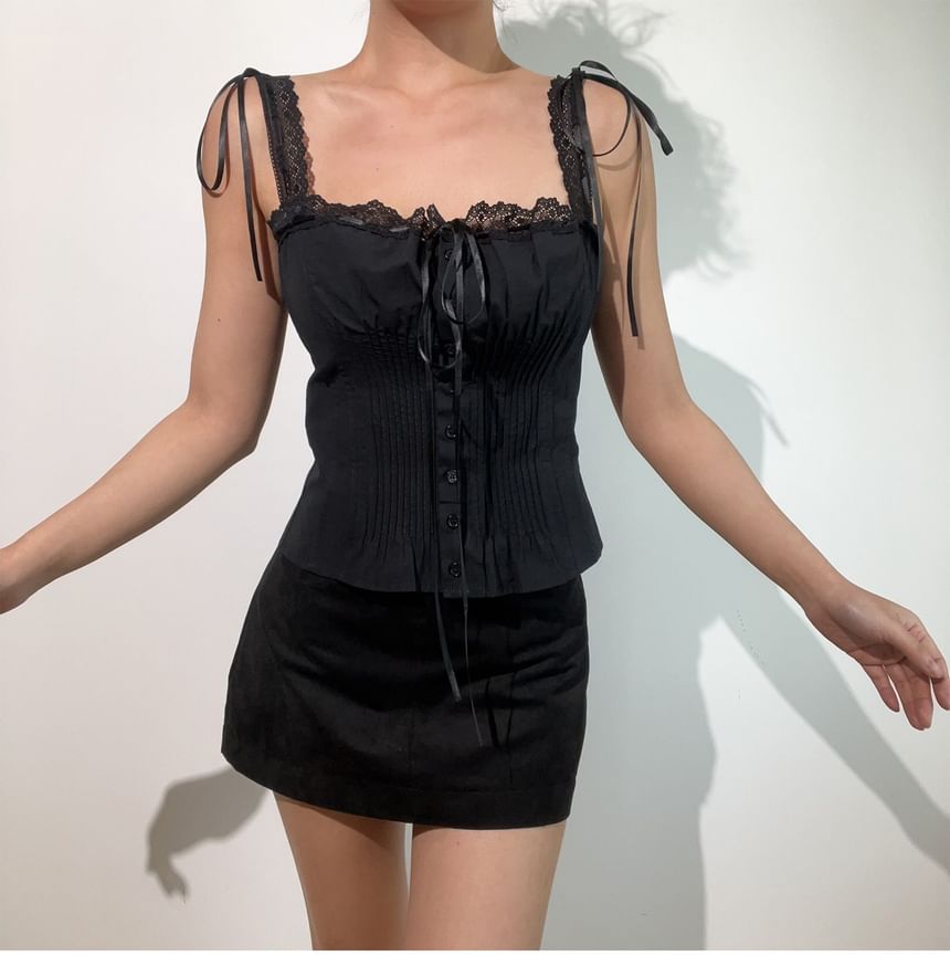 Square Neck Lace Panel Button-Up Crop Camisole Top