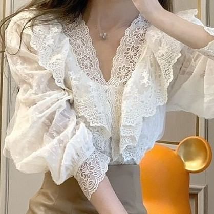Puff-Sleeve V-Neck Lace Ruffled Blouse
