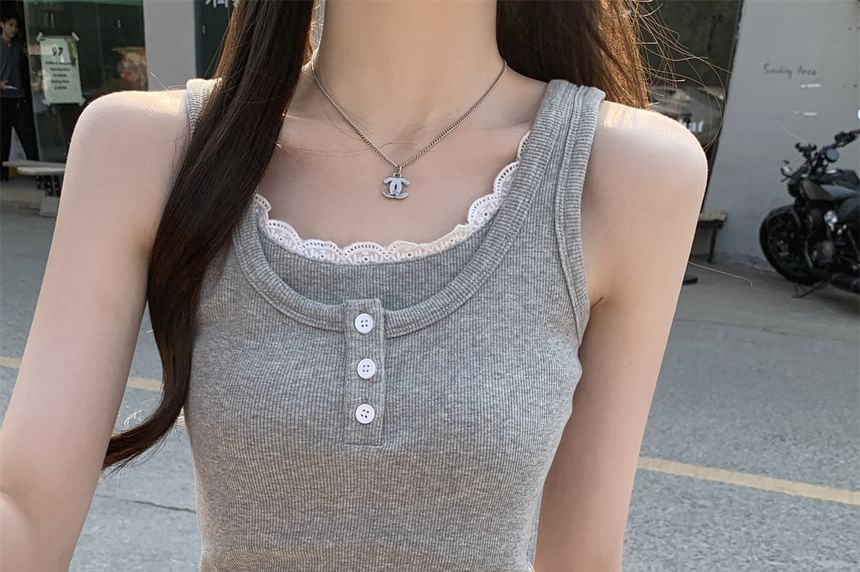 Scoop Neck Lace Trim Mock Two Piece Tank Top