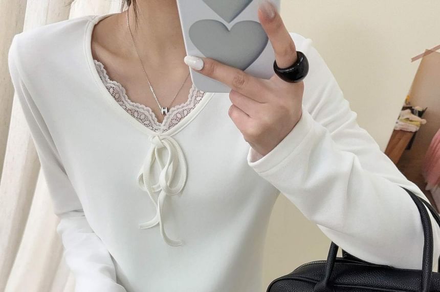 V-Neck Lace Detail Top with Long Sleeves
