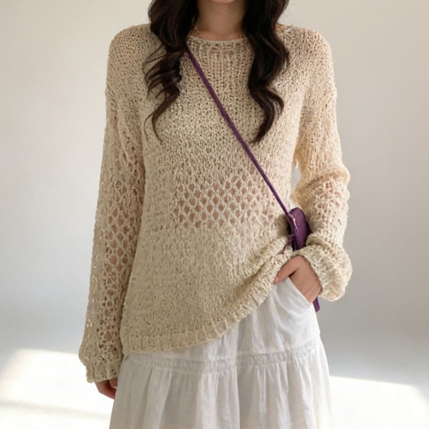 Perforated Crew Neck Knit Top with Long Sleeves
