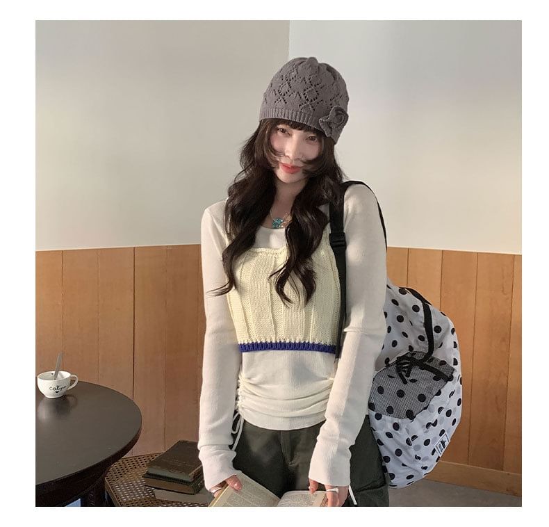 Crew Neck Drawstring Knit Top and Contrast Trim Crop Camisole Set