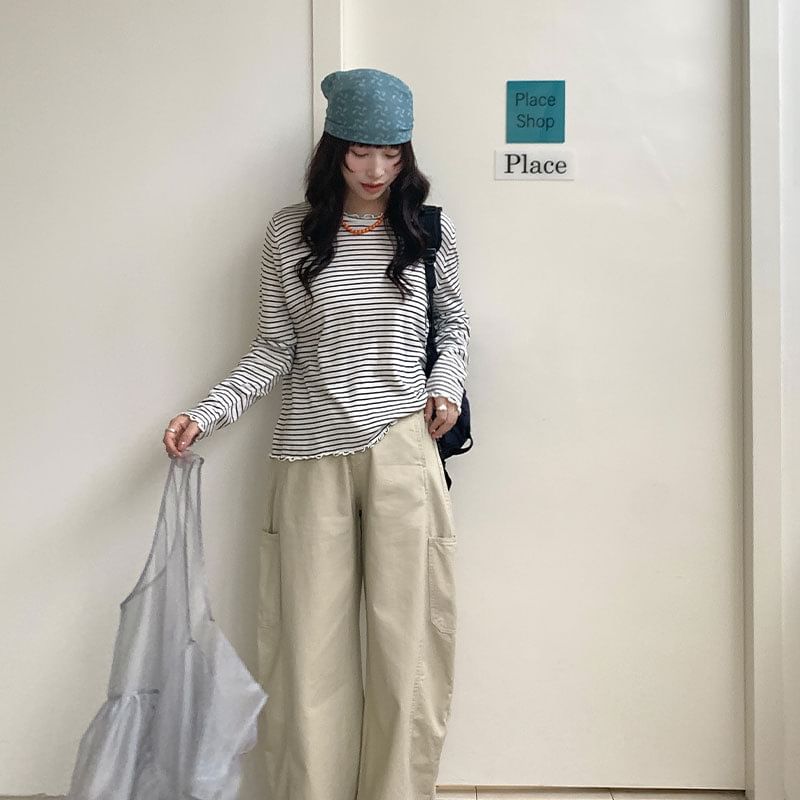 Striped Lettuce Edge Crew Neck Long-Sleeve Tee