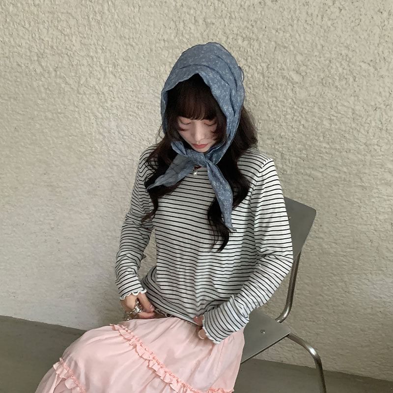 Striped Lettuce Edge Crew Neck Long-Sleeve Tee