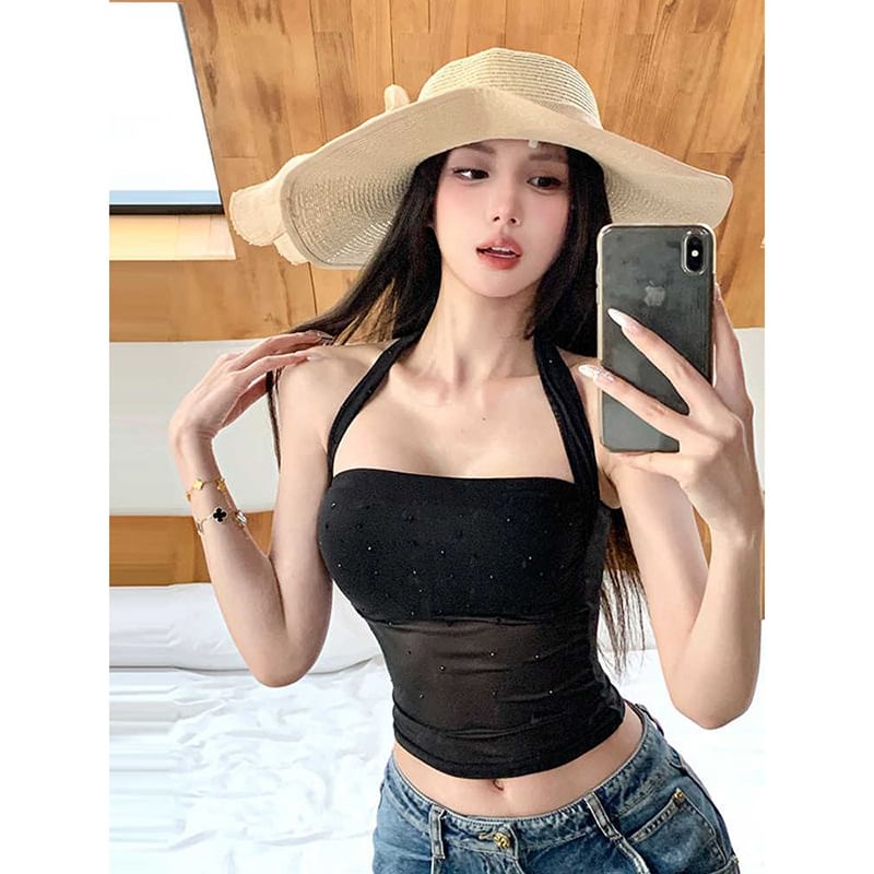 Sheer Halter Crop Camisole with Solid Finish
