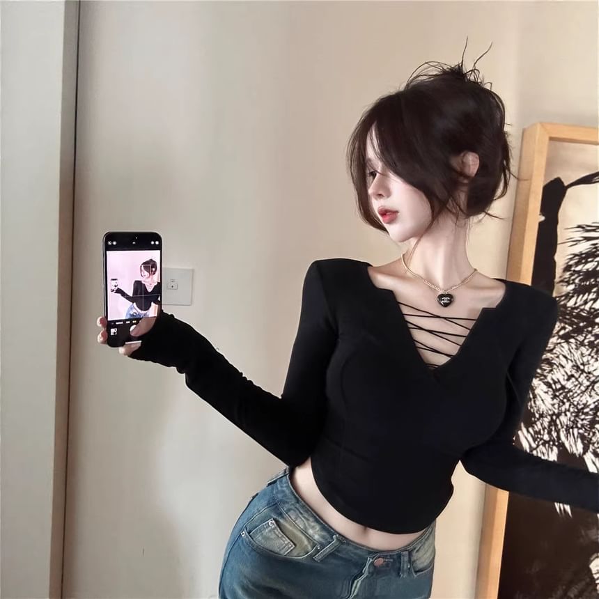 Lace-Up V-Neck Cropped Tee with Long Sleeves