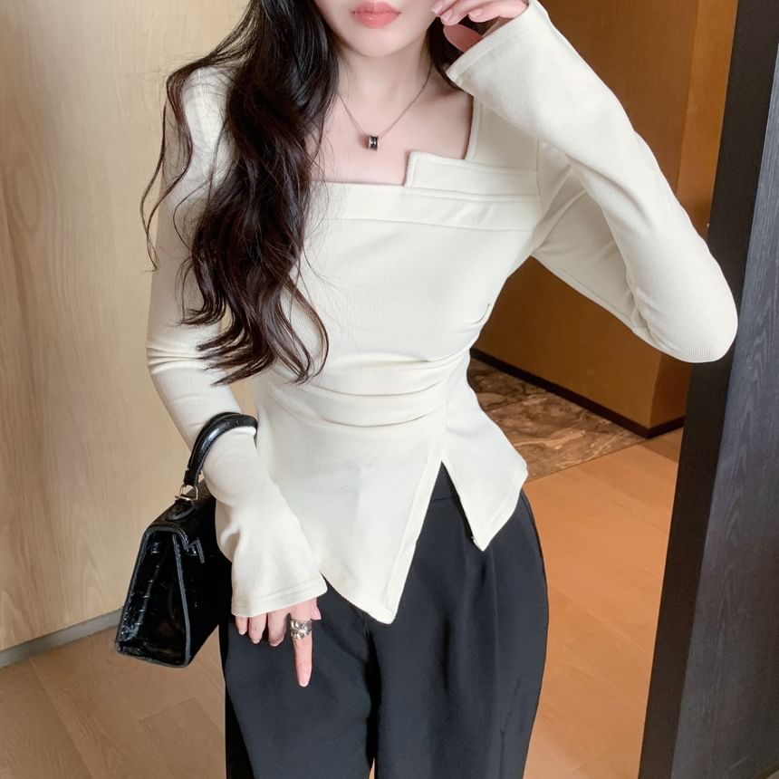 Ruched Slit Notch-Neck Tee with Long Sleeves