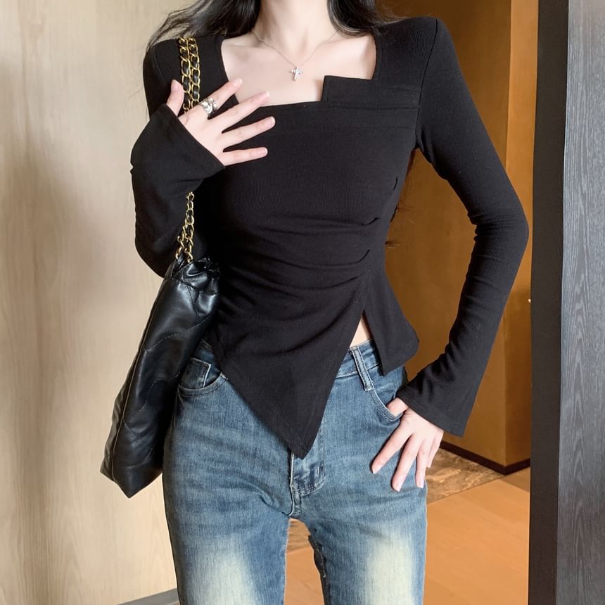 Ruched Slit Notch-Neck Tee with Long Sleeves