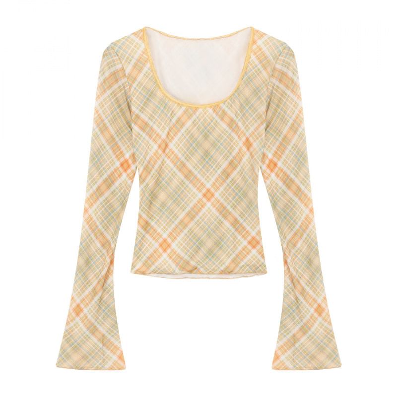 Plaid Scoop Neck Top with Various Designs