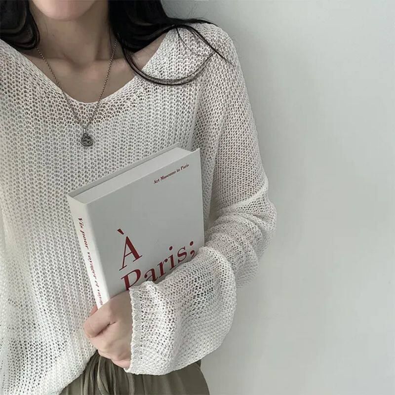 Perforated Sheer V-Neck Knit Top with Long Sleeves