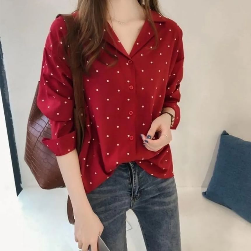 Collared Dotted Long-Sleeve Blouse