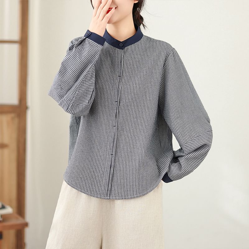 Pinstriped Button-Up Blouse with Band Collar and Long Sleeves