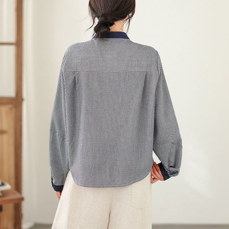 Pinstriped Button-Up Blouse with Band Collar and Long Sleeves