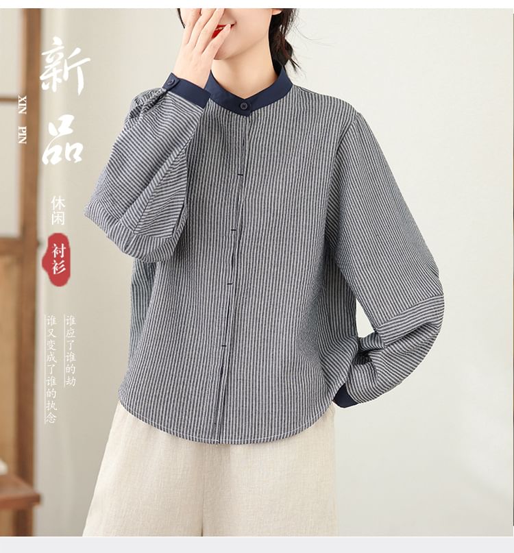 Pinstriped Button-Up Blouse with Band Collar and Long Sleeves