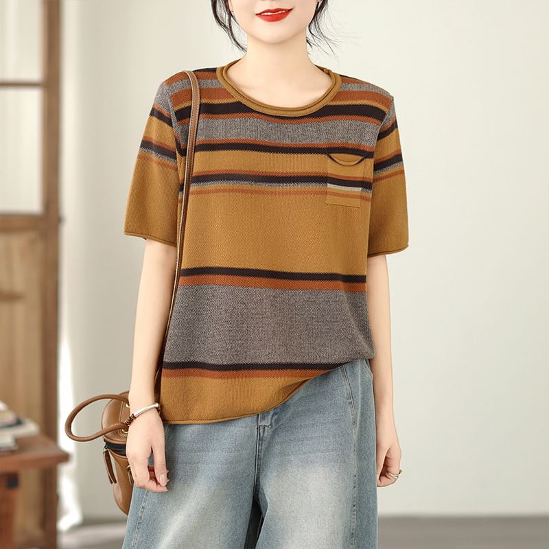 Striped Knit Tee with Round Neck and Short Sleeves