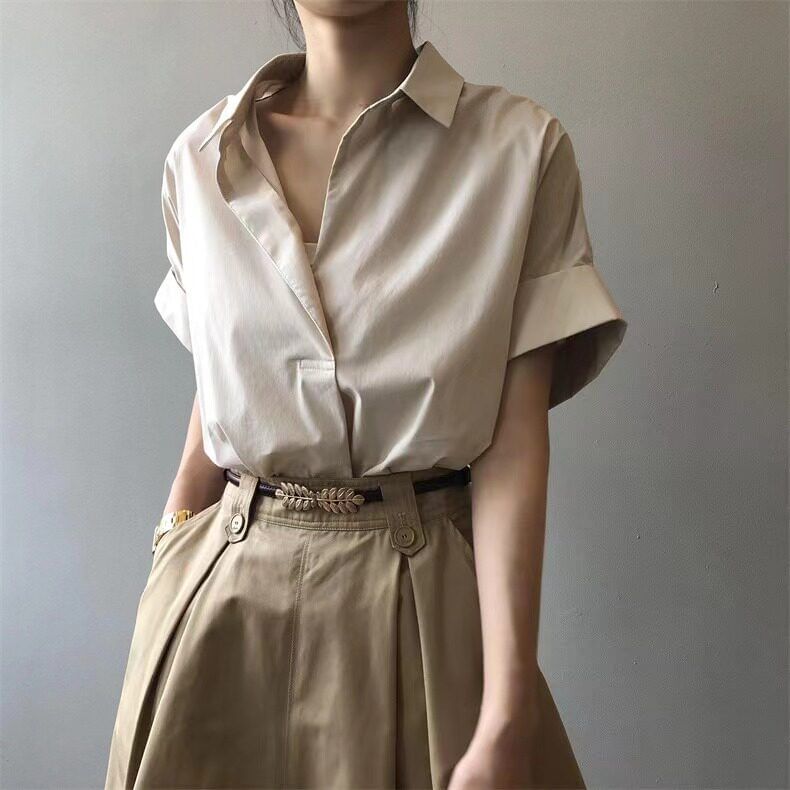 Open Placket Collared Short-Sleeve Shirt