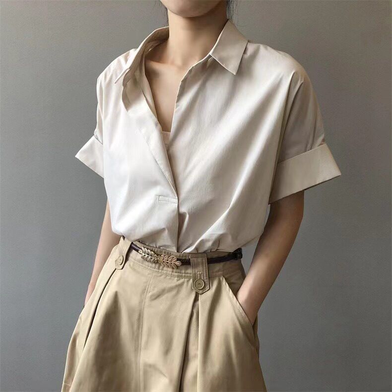 Open Placket Collared Short-Sleeve Shirt