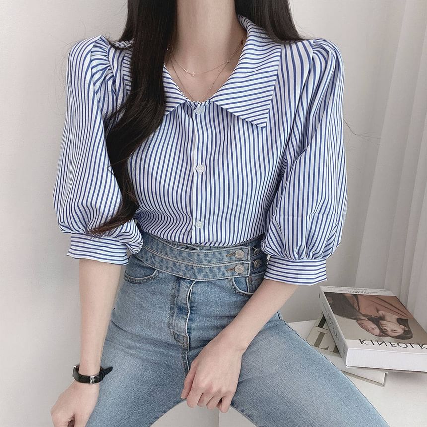 Striped Puff-Sleeve Collared Blouse