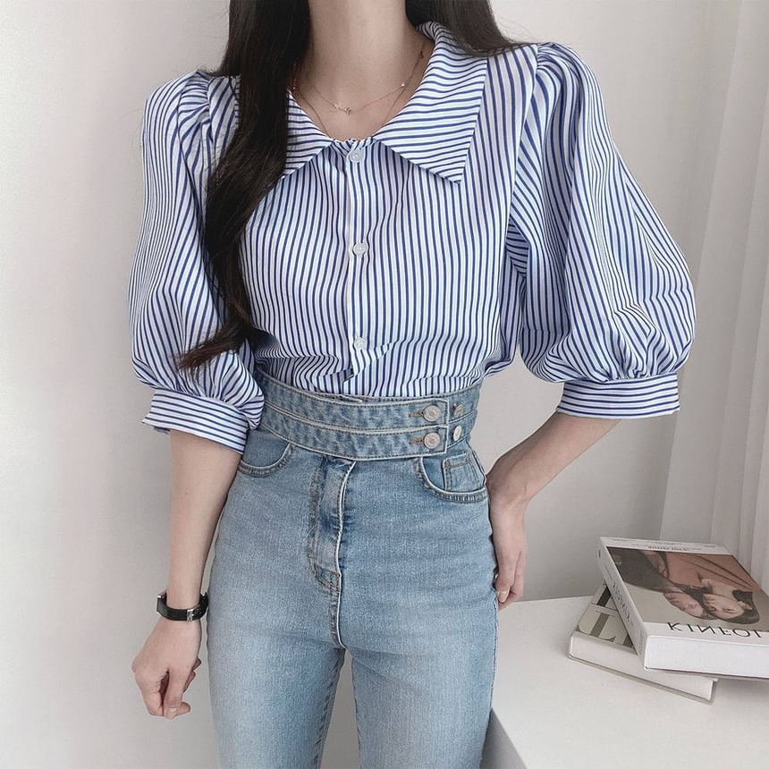Striped Puff-Sleeve Collared Blouse